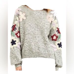 Boundless North VGUC Gray Floral Daisy Appliqué Knit Sweater Medium Soft